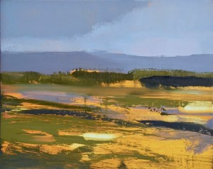 Panorama, brooks, hillside - raining, 21cm x 27cm (44cm x 49cm framed)  (17in x 19in) oil on birch panel, £900